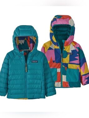 NWT 6-12 mo Patagonia Reversible Down Hoodie Teal/Print Kids Down Puffer Jacket
